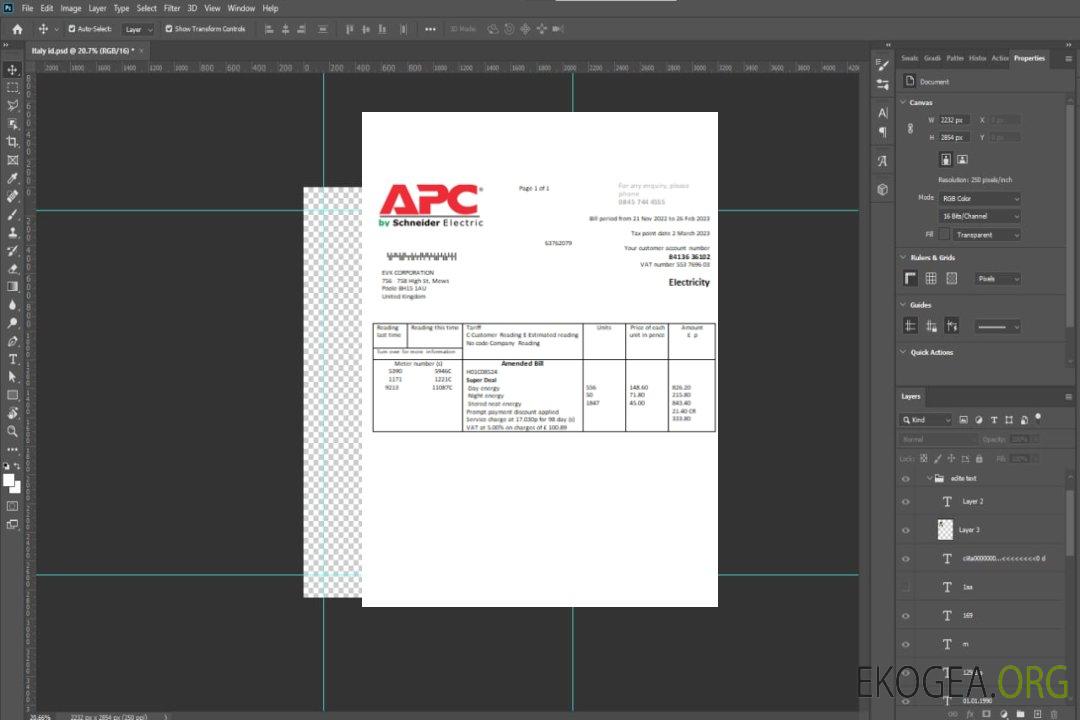 Facture commerciale du service public d'électricité APC, SCR template
